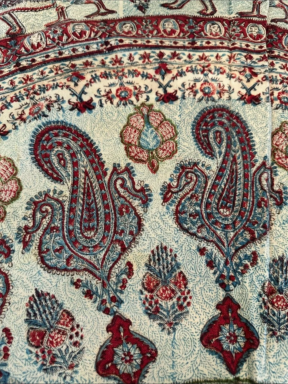 SIGNED Vintage Persian Ghalamkar Hand Block Print Round Tablecloth 80”
